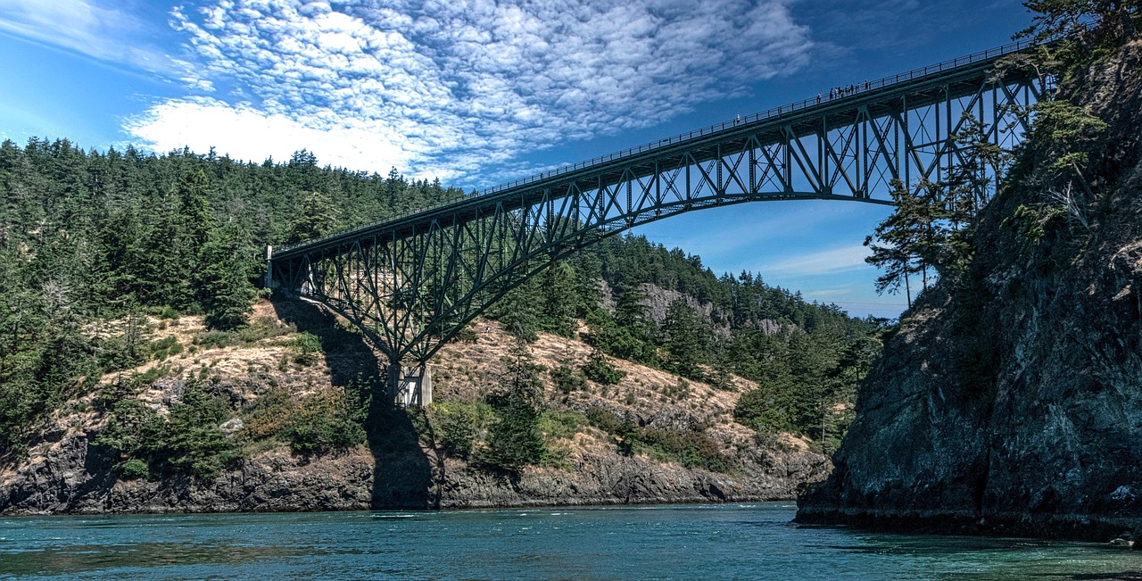 Deception Pass Bridge spanning the water between Fidalgo and Whidbey Islands under a blue sky