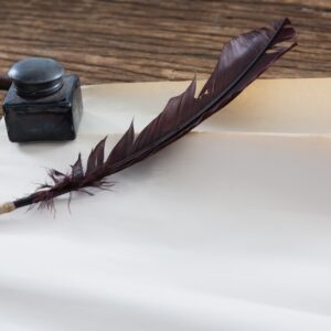 Quill pen and ink bottle beside blank parchment