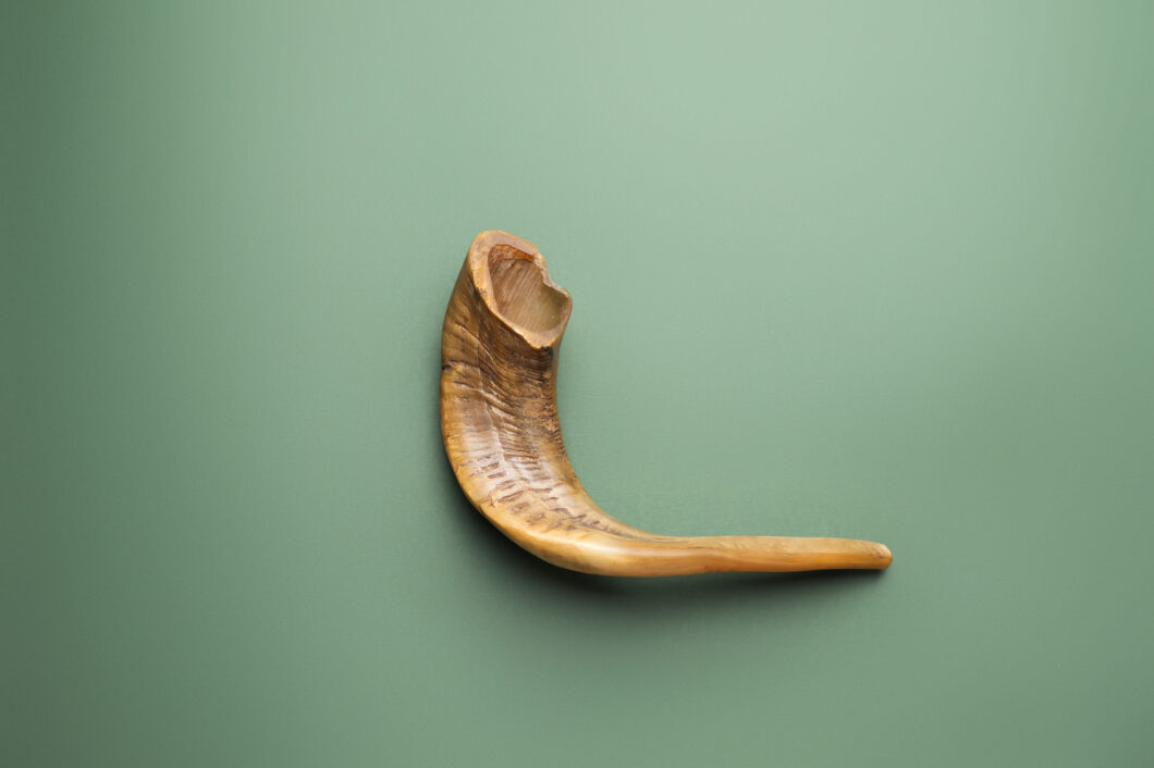 Ram's horn shofar on a plain colored background